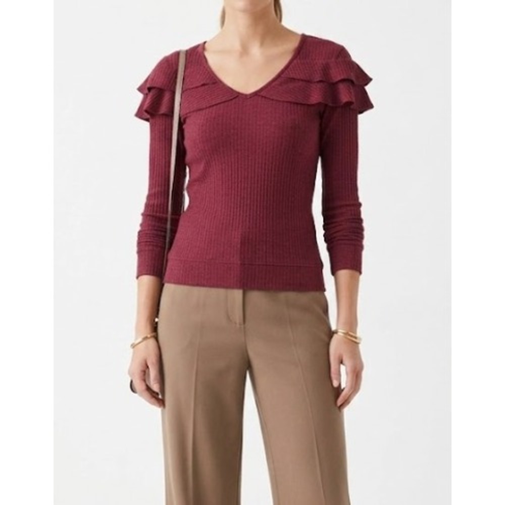New Kate Quinn Ruffle Ribbed Top XS Red Organic Cotton Long Sleeve V-Neck